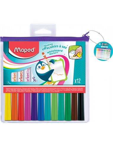 Maped Marker'Peps Lot de 12 marqueurs pour tableau blanc - Pointe ogive 1,5 mm - Effaçable à sec - Pochette zippée pratique - Co