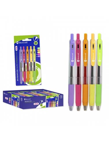 Bismark Lot de 5 stylos à encre gel rétractables - Pointe de 1,0 mm - Écriture fluide - Couleurs fluo assorties