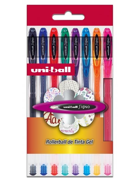 Uni-ball Signo Basic Pack de 8 stylos à encre gel - Stylo bille 0,7 mm - Encre résistante à l'eau et à la lumière - Couleurs ass