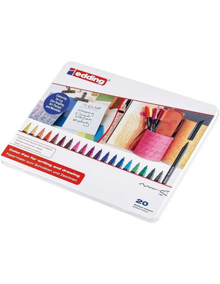 Boîte métal Edding 1200 avec 20 marqueurs – Pointe ronde – Trait 1 mm – Encre à base d'eau – Couleurs assorties