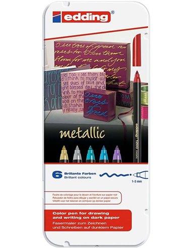 Lot de 6 marqueurs métalliques Edding 1200 - Pointe ronde - 1 mm de trait - Encre à base d'eau - Couleurs métallisées or, argent