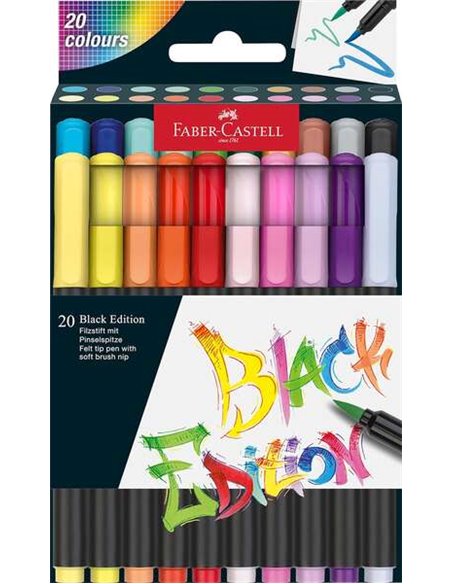 Lot de 20 marqueurs à pointe pinceau Faber-Castell Black Edition - Encre à base de colorant alimentaire - Couleurs assorties