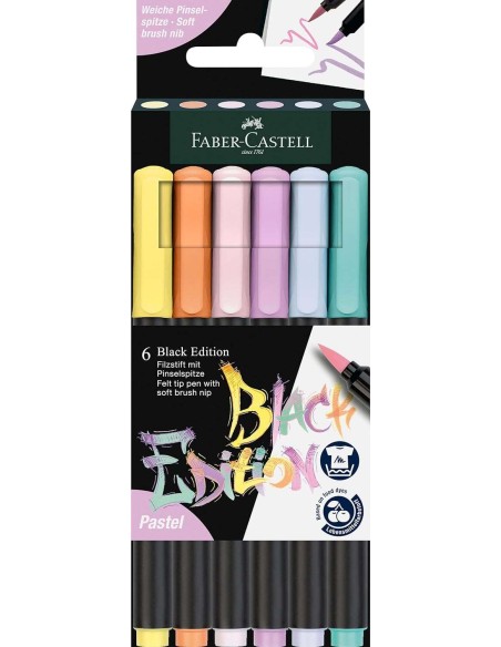 Lot de 6 marqueurs à pointe pinceau Faber-Castell Black Edition - Encre alimentaire - Couleurs pastel assorties