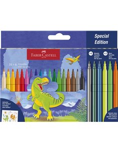 Pack de 24 marqueurs de couleur Faber-Castell Édition Dinosaure - 18 couleurs classiques + 3 couleurs métalliques + 3 couleurs f