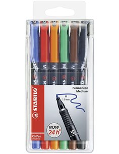Lot de 6 marqueurs permanents Stabilo OHPen - Pointe moyenne - Trait de 1 mm - Poignée antidérapante - Capuchon ventilé - Couleu