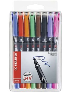 Lot de 8 marqueurs permanents Stabilo OHPen - Pointe moyenne - Trait 1 mm - Poignée antidérapante - Capuchon ventilé - Couleurs 