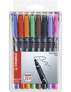 Lot de 8 marqueurs permanents Stabilo OHPen - Pointe fine - Trait 0,7 mm - Poignée antidérapante - Capuchon ventilé - Couleurs a