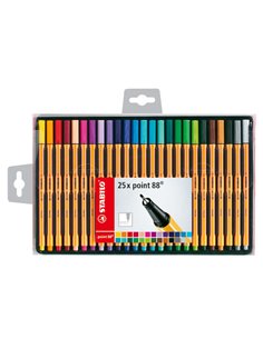 Stabilo Point 88 Lot de 25 marqueurs fibre à pointe fine - Trait 0,4 mm - Encre à base d'eau - Couleurs assorties